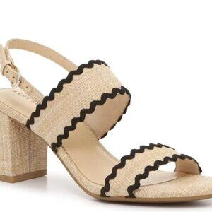 NWOB Anne Klein Roe Sandal - Woven Natural Linen Black Rickrack Piping Sz 8.5